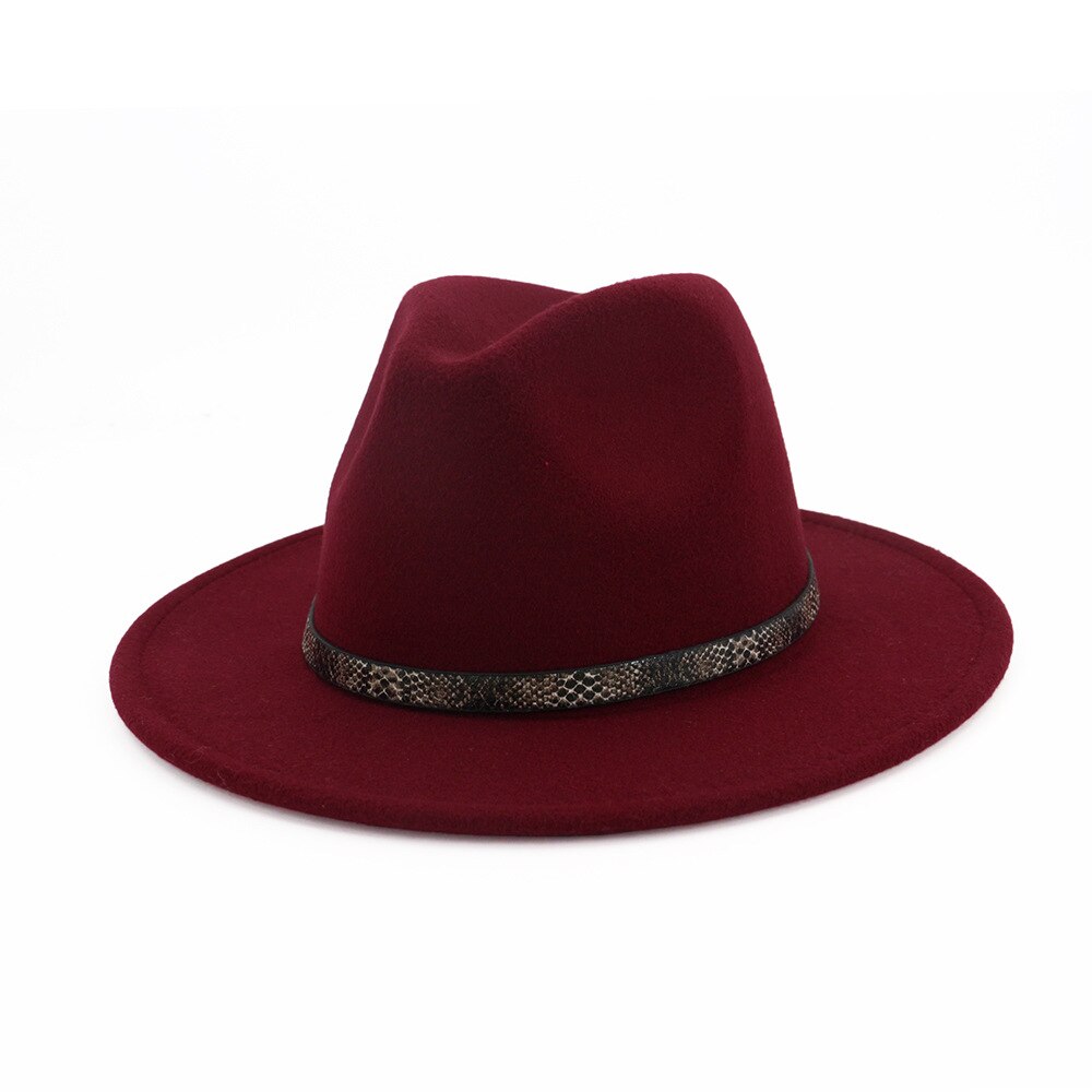 QBHAT femmes hommes à large bord laine feutre chapeau disquette Jazz casquette Panama Fedora chapeaux avec serpent Grain cuir Trilby QB57: Burgundy