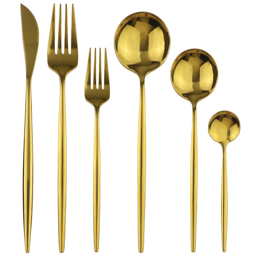 6Pcs Red Flatware Set Knife Fork Spoon Cutlery Set 304 Stainless Steel Dinnerware Set Mirror Green Gold Tableware Set Silverware: Gold