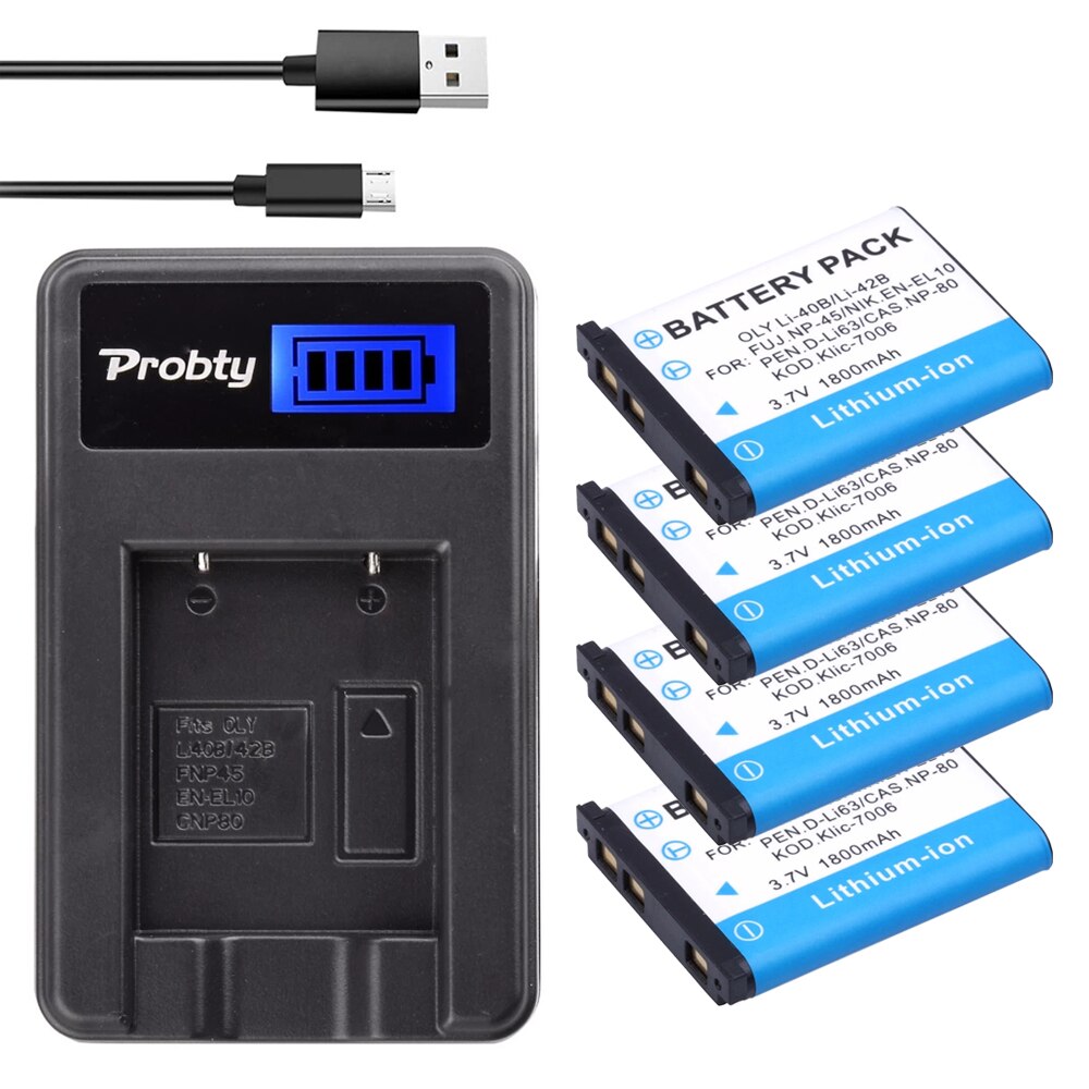 1800mAh Li-40B Li-42B EN-EL10 Batterie + LCD Ladegerät für Olympus Li 40B 42B, Nikon EN EL10, finePix XP70 XP60 XP50 T550: 4BatteryWithCharger
