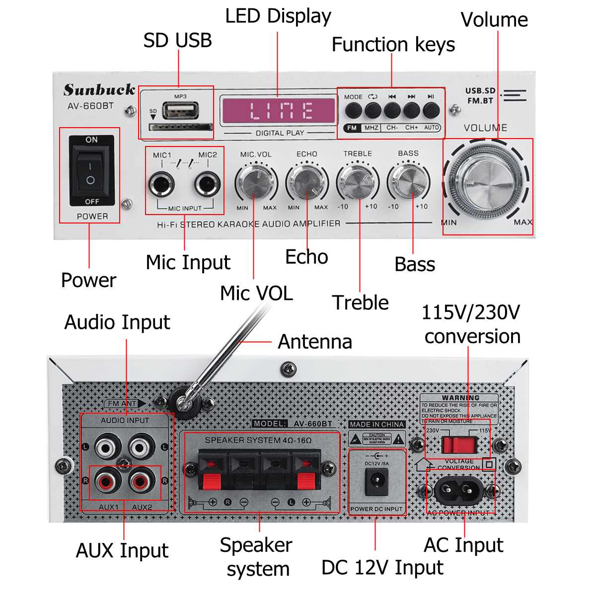 1200W bluetooth 5.0 Channel Audio Power Amplifier 12V/220V AV Speaker Remote Control for Car Home Support EQ AUX FM SD USB 2MIC