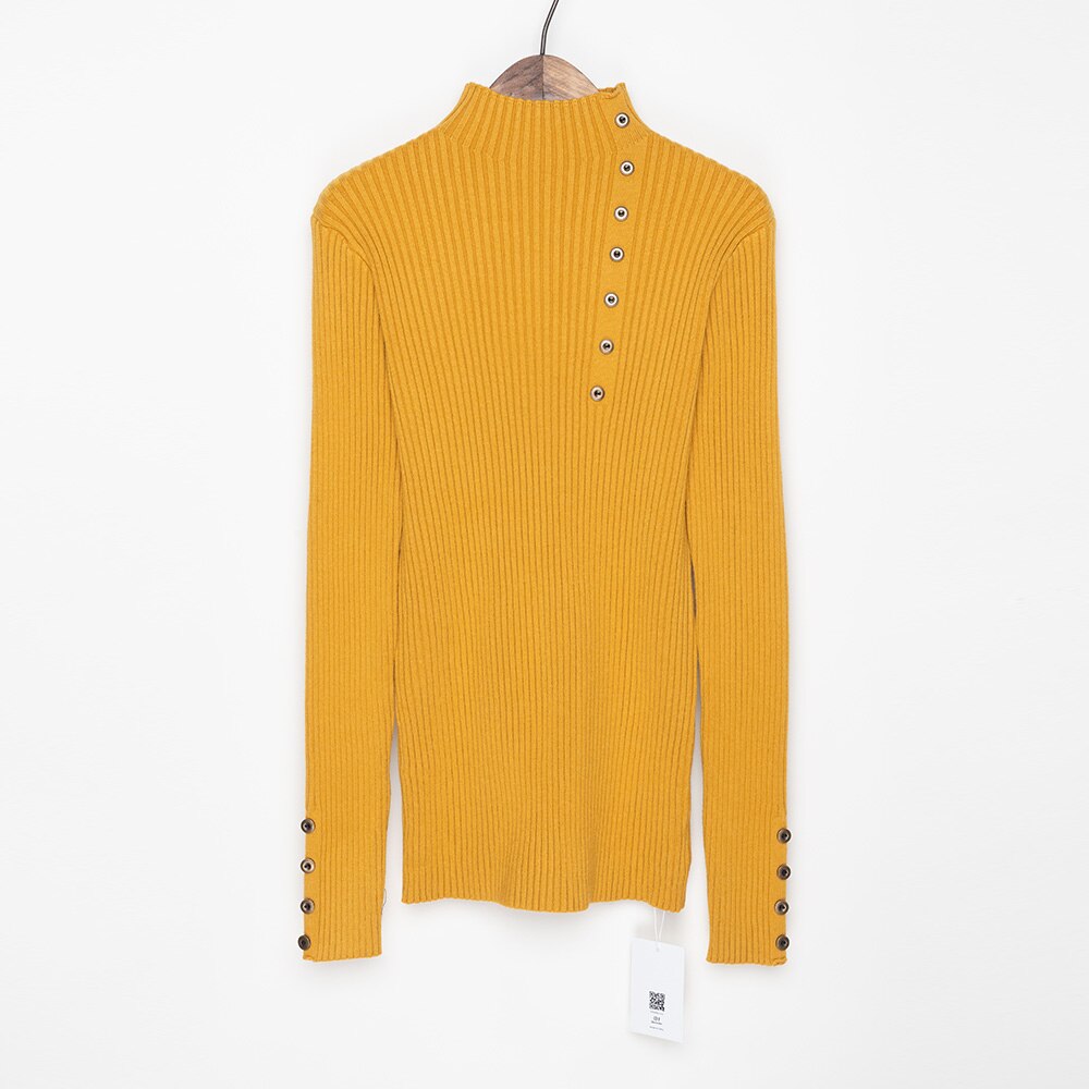 Geribbeld Mock Hals Trui Vrouwen Winter Gebreide Lange Truien Vrouwen Trui Jumper Met Zijknoppen: Turmeric
