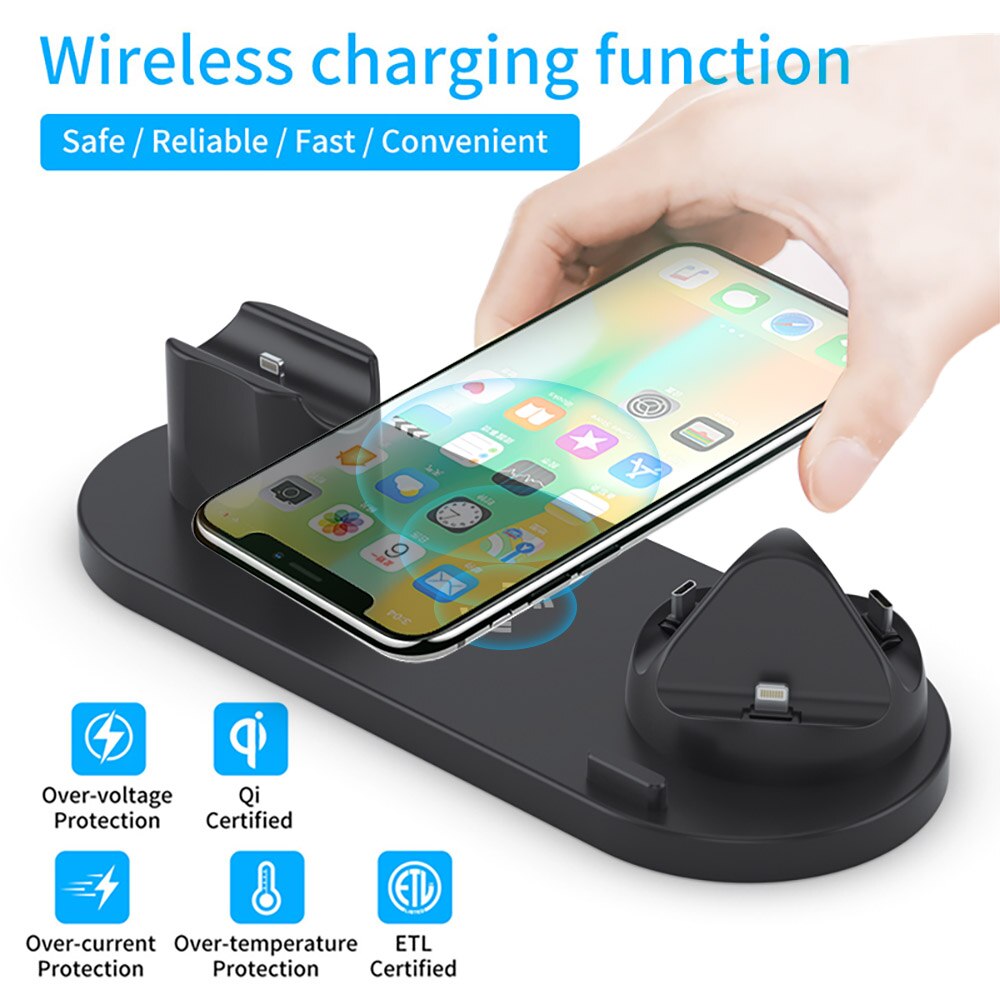 Fdgao estação carregadora sem fio 6 em 1, suporte doca de carregamento rápido qi 10w para apple watch/airpods pro/iphone/samsung/huawei/xiaomi