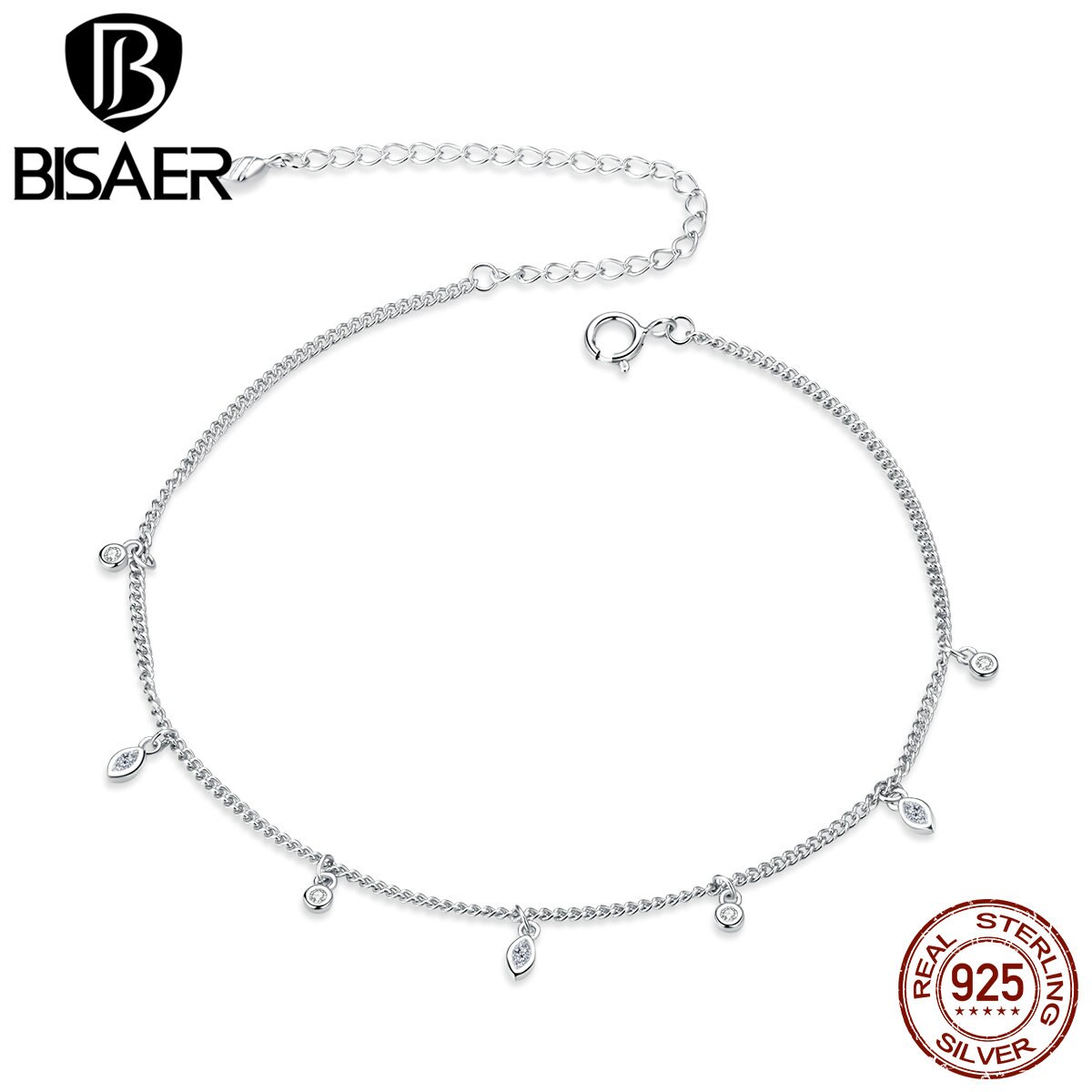 Tobilleras BISAER, tobilleras de Plata de Ley 925 con borla Simple, cadena de circón brillante, tobilleras para mujer, para pierna eslabones de cadena, joyería fina