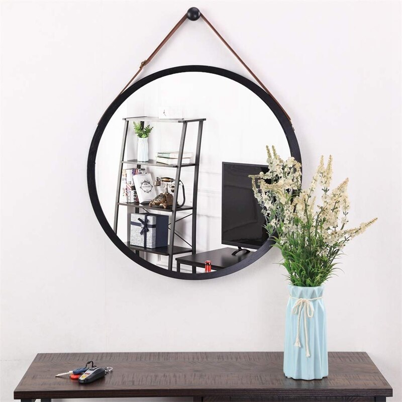 Hængende rundt spejl i badeværelset og soveværelset - massiv bambusramme og justerbar læderrem (sort , 15 tommer)