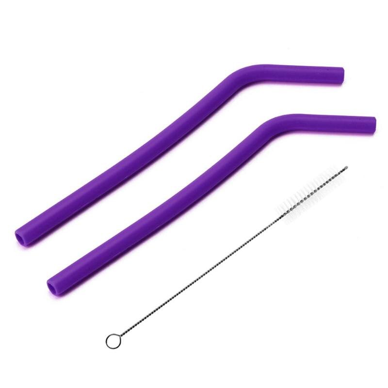 2Pcs/set Reusable Silicone Straws Food Grade Silicone Straws Drinking With Cleaning Brush Party Straws BPA Free: Purple