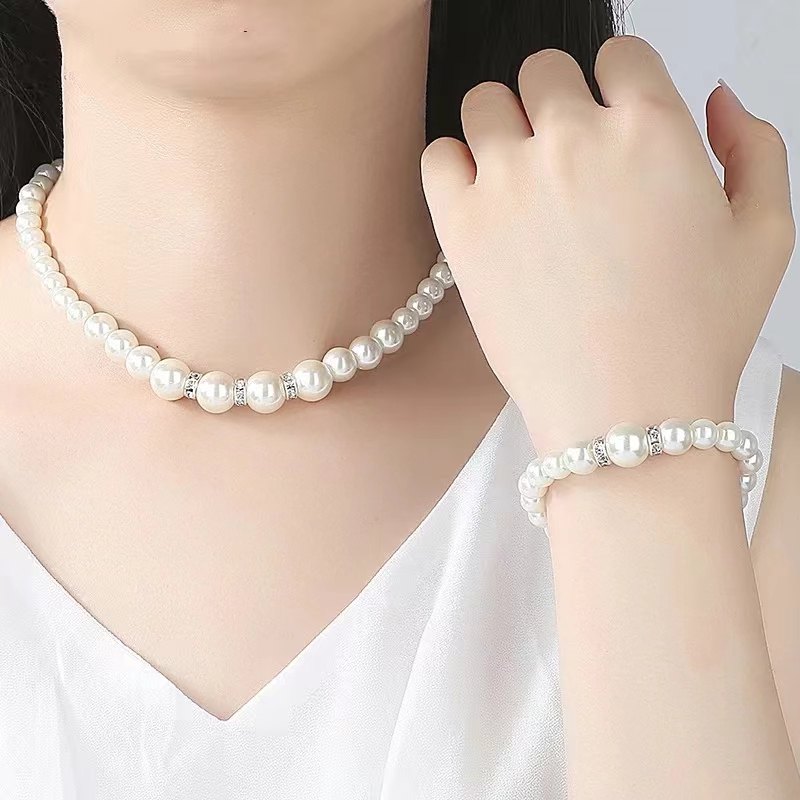 Modisches Perlen-Schmuckset, künstliche Perle, doppellagig, luxuriös, Ohrringe, Halskette, Hochzeit, Alltag, vielseitiges Halsketten- und Armbinde-einstellen