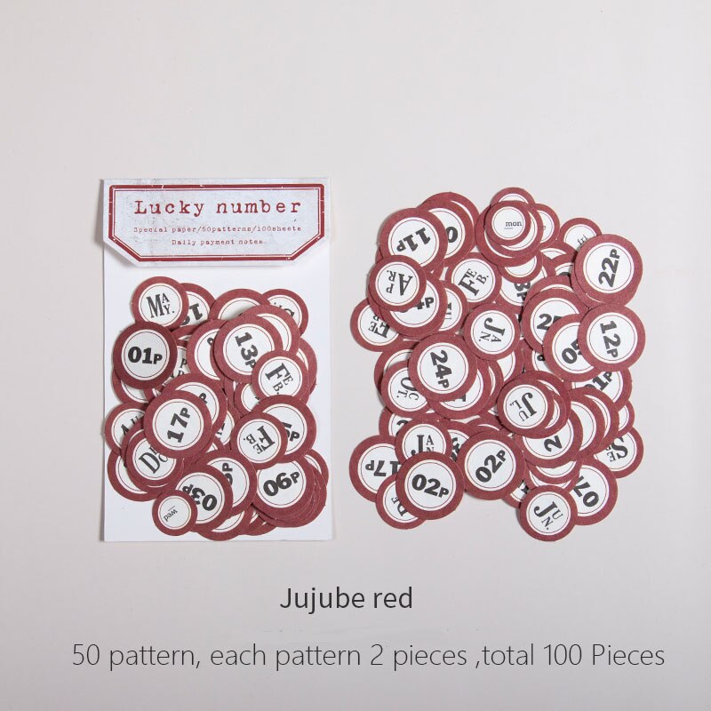 100pcs/lot Lucky Number Stickers for Daily Mothly Planner Diary Stickers DIY Label Scrapbooking Album Stationery Stickers: Jujube red