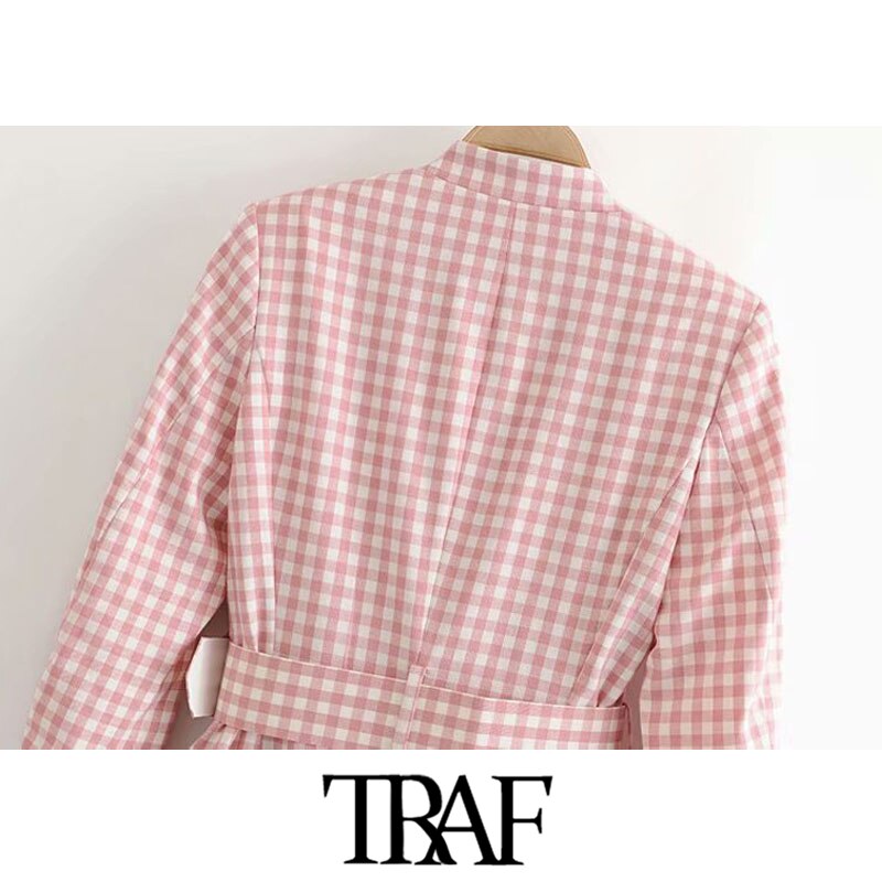 Traf kvinder kontortøj med bælte plaid blazer frakke vintage langærmede lommer kvindeligt overtøj smarte toppe