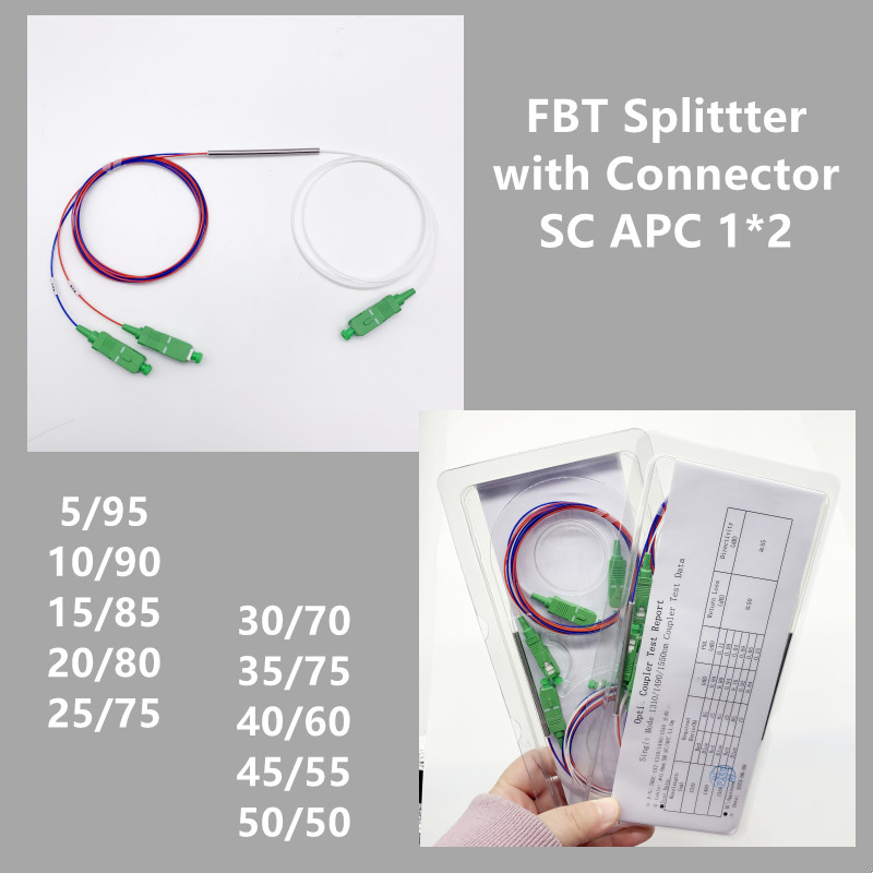 Divisor FBT de fibra óptica SC APC 1x2 0,9mm con conector acoplador desequilibrado 5/95 10/90 20/80 40/60, relación dividida opcional, 6 uds.