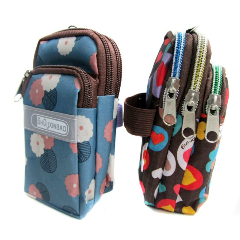 Draagbare Tas Pols Purse Handtassen Arm Pakket Drie Rits Bloem Stof Voor Vrouwen Mannen Halter Tassen