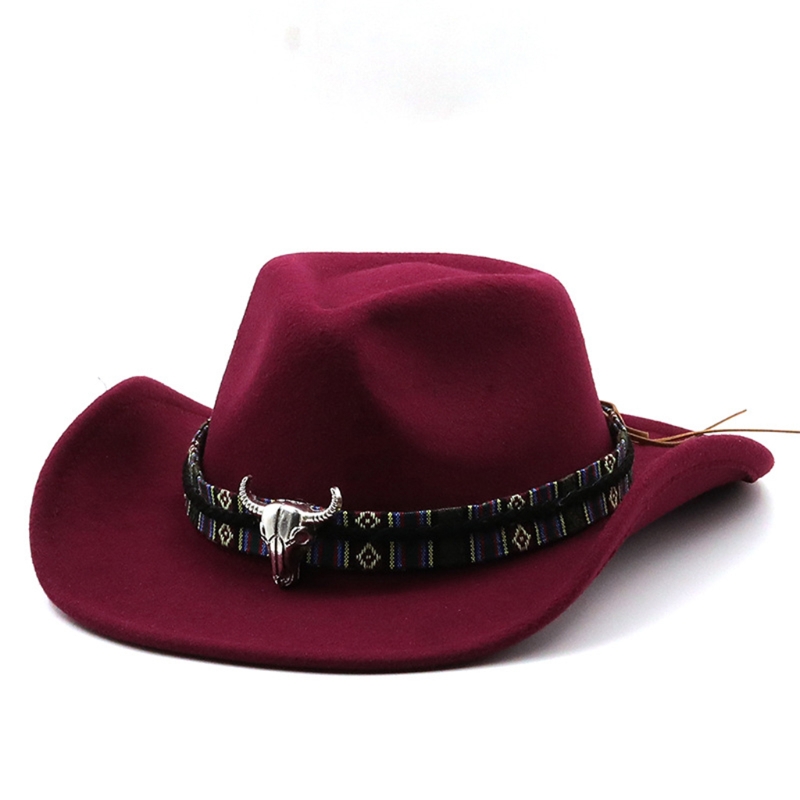 Retro Cow Head Western Cowboy Hat Big Brim Hat Cashmere Jazz Top Hat Cap for Hipster Trend Casual Outdoor Trend Sun Hat: Red wine