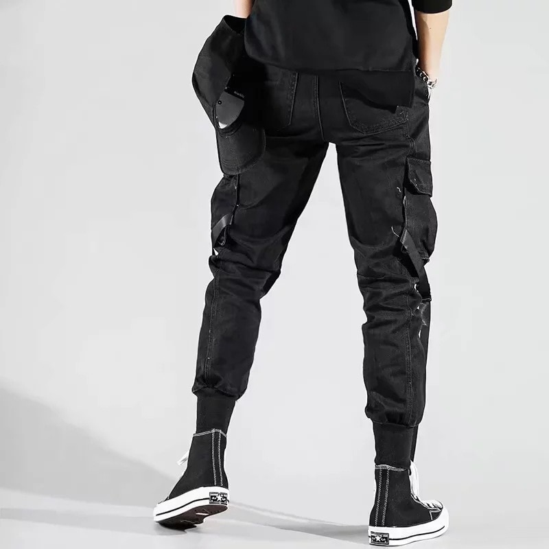 Pantalones Harem con bolsillos laterales para hombre otoño Hip Hop de cintas casuales para hombre Pantalones para correr Streetwear pantalón negro
