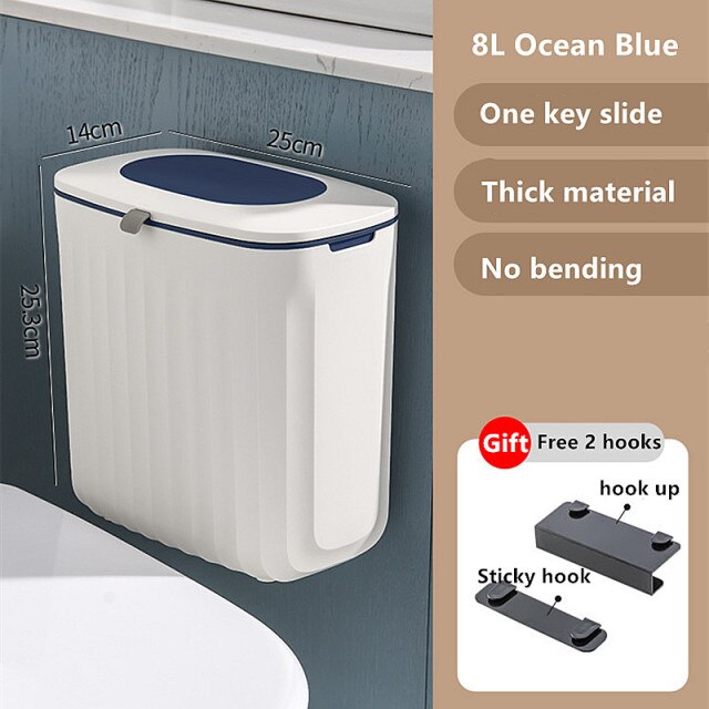 8L Wc Mülleimer Haushalt Wand-montiert Lagerung Eimer Mit Deckel Wc Papier Korb Lücke Ultra-schmale Trash kann Hängen: Blue