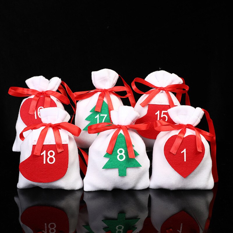 24 stuks/set doe-het-zelf adventskalender aftelkalender fluwelen zakjes met rood touw kerst trekkoord snoepzakjes jaarzak