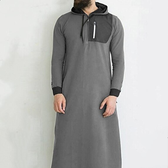 Heren moslim arabische islamitische kleding lange mouwen zak gewaad ramadam karftan eid mubarak jubba thobe voor mannen casual hoodies trui: Donkergrijs / Xl