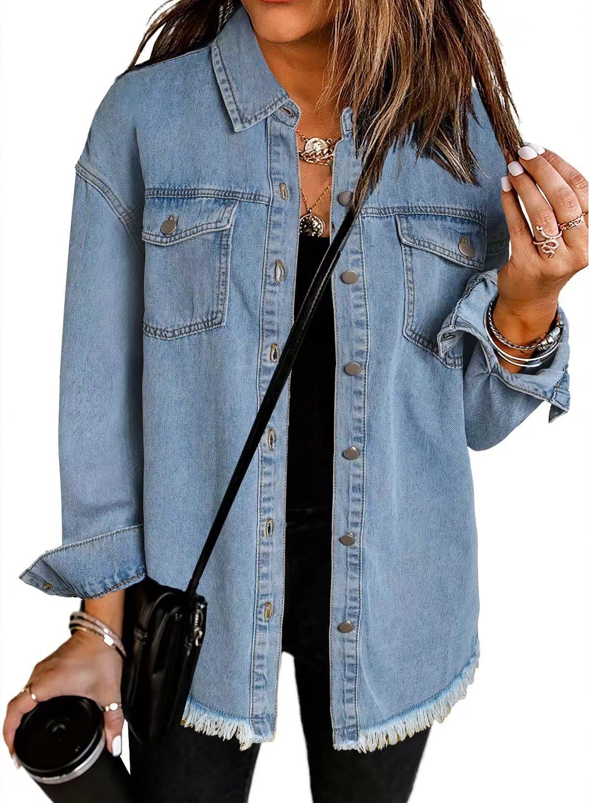 Camisas vaqueras holgadas informales lisas para mujer, camisas y blusas Vintage de gran tamaño para mujer, Tops juveniles a la para otoño 2025: S / Negro