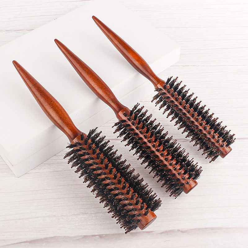 Cepillo redondo de cerdas de jabalí de madera antiestática, herramientas de peinado de peluquería, cepillo de burlas para cabello rizado, peine