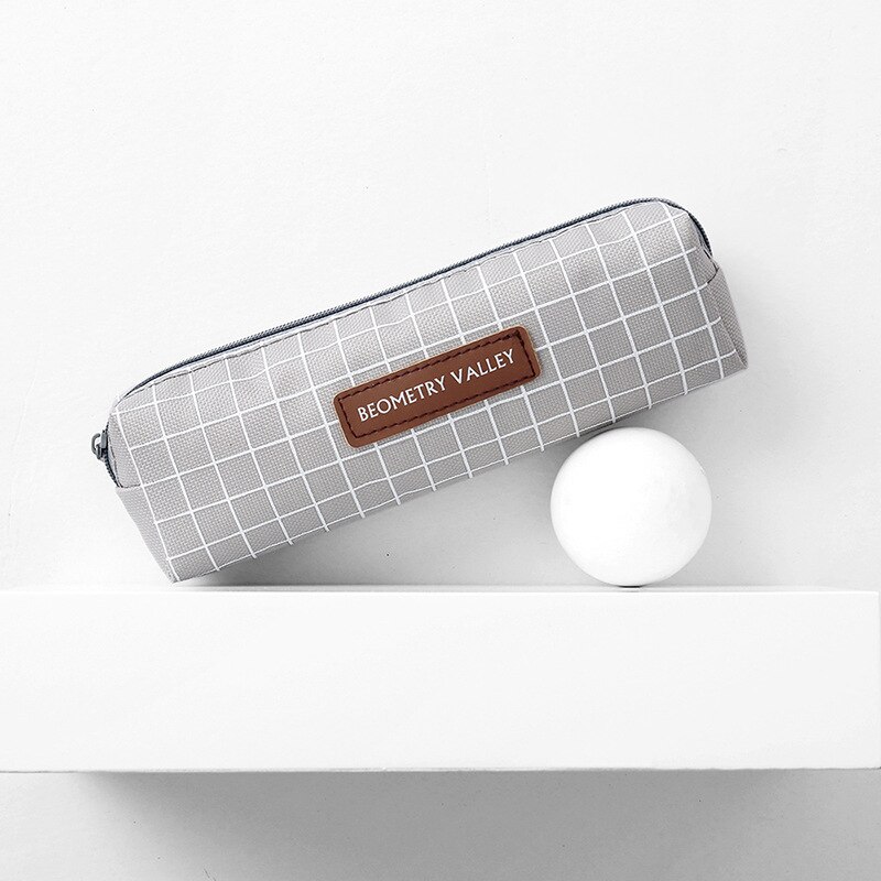 Cute Canvas Pencil Case High Capacity Lattice Stripe Square Pen Pencils Bags For Girls School Supplies Box Pouch Stationery: Grey Grid