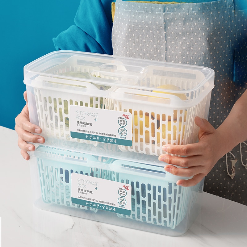 Refrigerator Food Storage Containers With Lids Kitchen Storage Seal Tank Plastic Separate Drain Basket Fresh Box Big Capacity