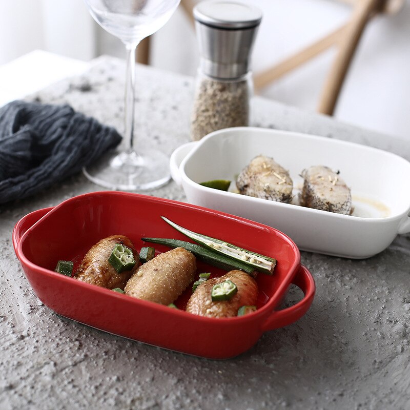 Oval Ceramic Binaural Baking Tray Home Soup Plate Red and White High Temperature Resistant Baked Rice Plate