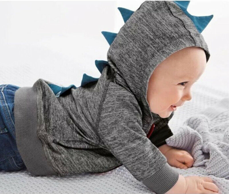 Søde baby spædbarn barn dreng solid langærmet tegneserie dinosaur lynlås hættetrøje toppe efterår jakke frakke outwear 0-3y