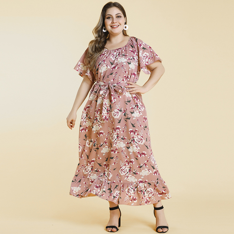 Plus size kvinder sommerkjole lange korte ærmer blomsterprint flæser strandkjole stor størrelse dame lange boho kjoler: Xxl