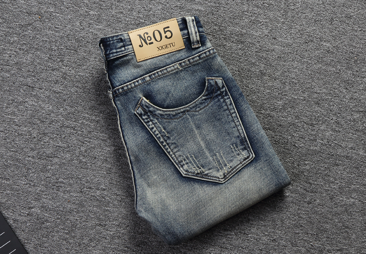 Miesten farkut slim fit sininen väri puuvilla denim housut revityt farkut miehille patch klassiset farkut homme