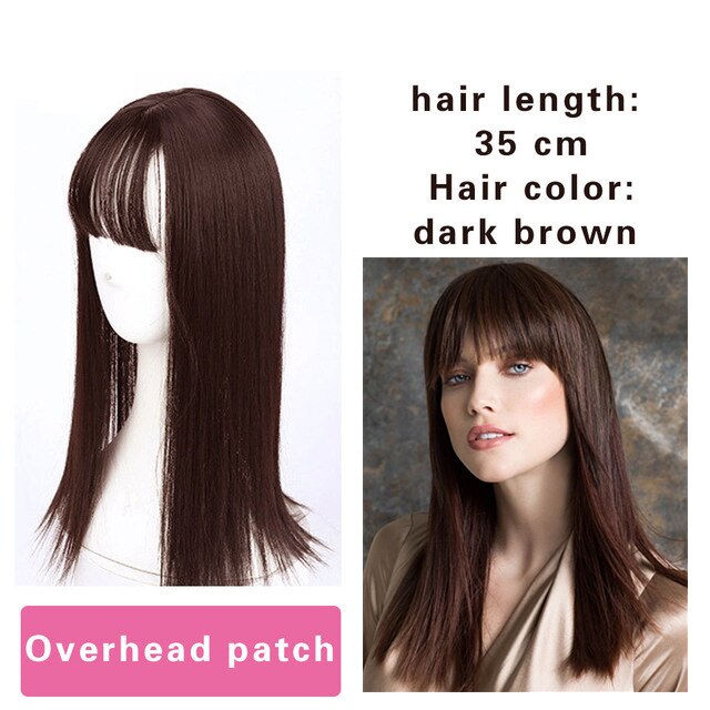 AILIADE Women 2 Clips In One Piece Hair Extension Long Straight Hair Extension Synthetic Topper Hair Piece With Bangs: 35CM Dark Brown