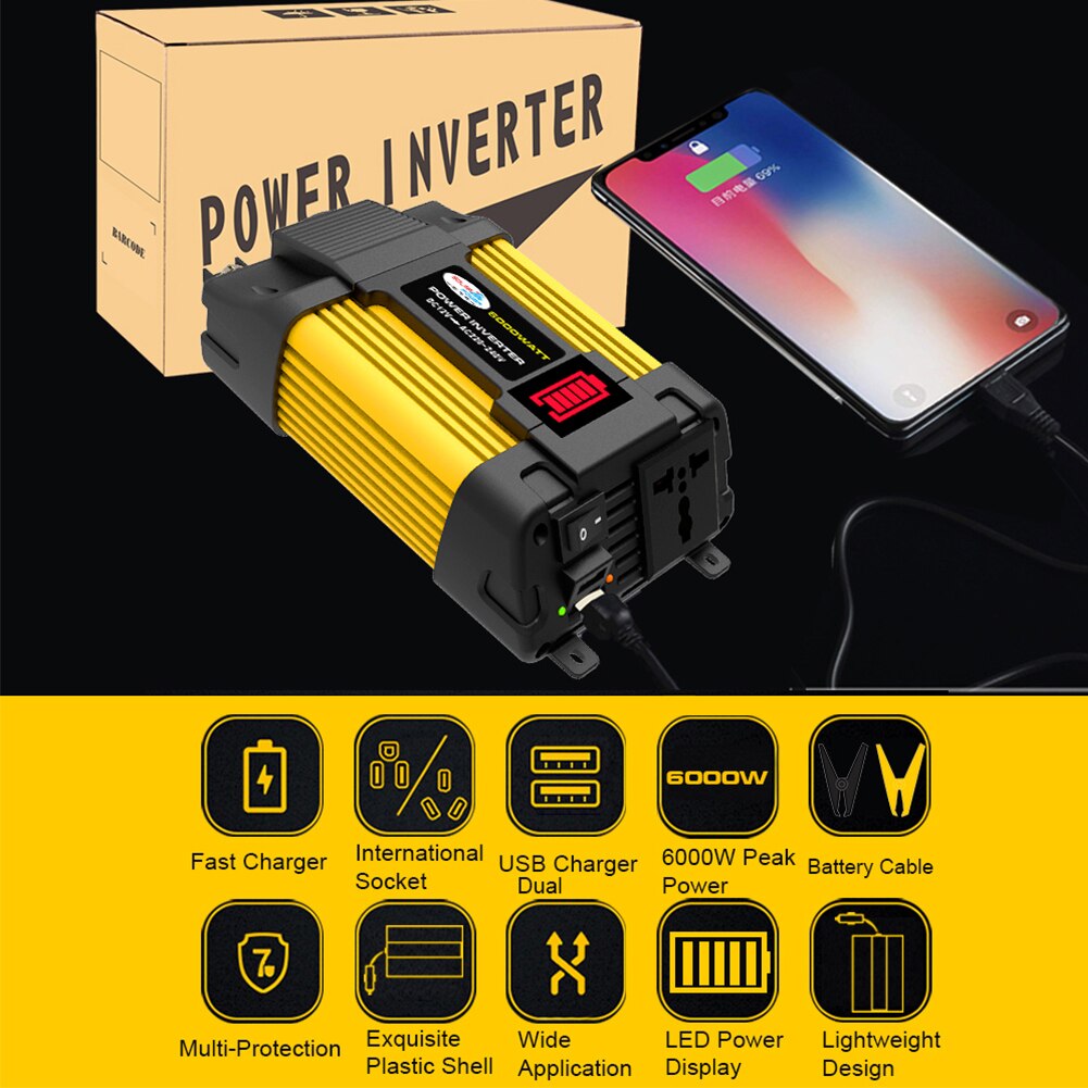 Inversor de potencia para coche, convertidor de pantalla de capacidad de voltaje LED de 6000W, 12V a 110/220V, inversor USB Dual para electrodomésticos de coche