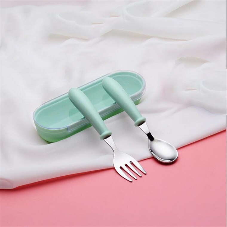 Nordic Baby Tableware Set Children Utensil Stainless Steel Toddler Dinnerware Cutlery Cartoon Infant Food Feeding Spoon Fork: green