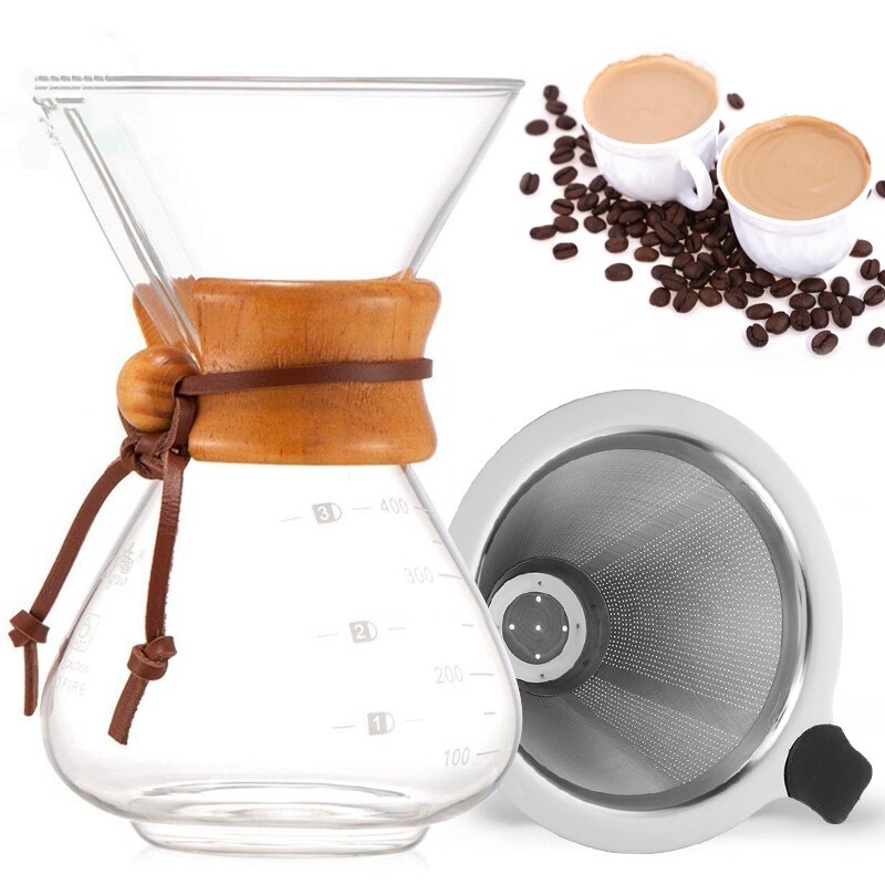Hittebestendig 400Ml Glas Koffie Pot Met Rvs Filter Druppelen Koffie Waterkoker Druppelaar Giet Over Koffiezetapparaat barista Tool