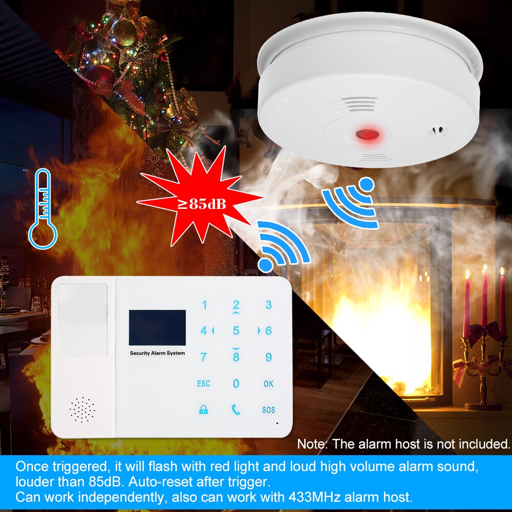 Wireless 433MHz Smoke Fire Detector Photoelectronic Temperature Sensor Inside Fire Alert Security Alarm