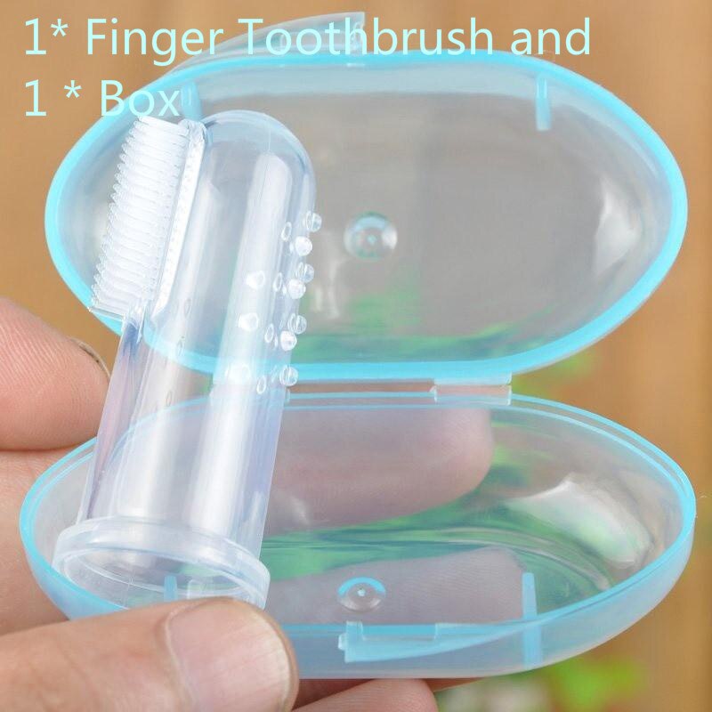 Baby tandbørster blød silikone finger tandbørste massage børste rene tænder med kasse til baby kæledyr spædbarn tandbørste gummi værktøj: 01 blå