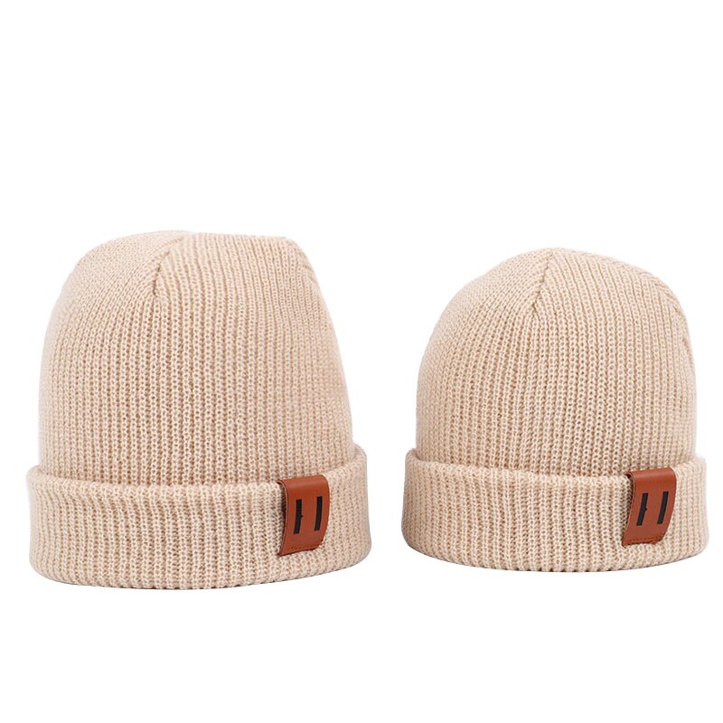 2PCS/LOT Mom Baby Hat for Boy Girl Knit Hat 8 Colors Solid Color Kids Beanie Cap for Adult Children Family Matching Caps: Beige S and L