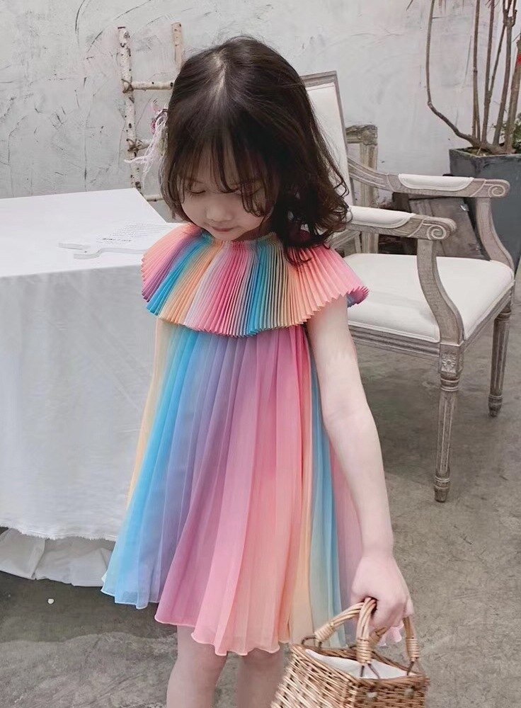 Summer Girls Pleated Dress Kids Rainbow Dresses Girl Dress