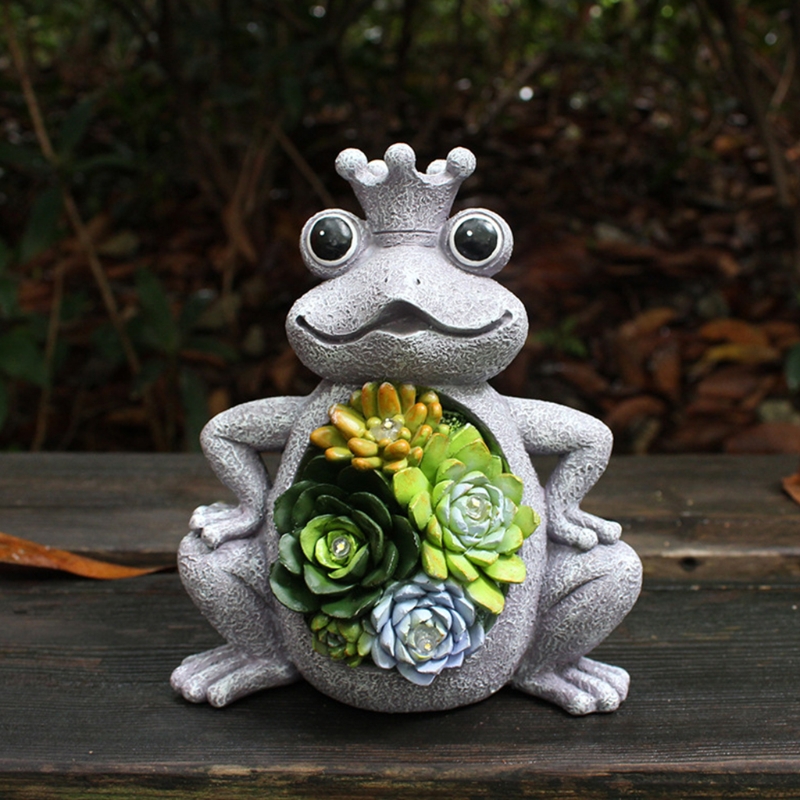 Solar Garden Statue Frog Ornament with Succulent 4 LED Lights Outdoor Lawn Decor