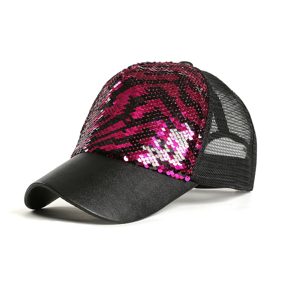 Mannen Vrouwen Baseball Hoed Dubbele Kleur Zebra-Streep Mermaid Pailletten Mesh Casual Cap Beste -Wt: Rose Red