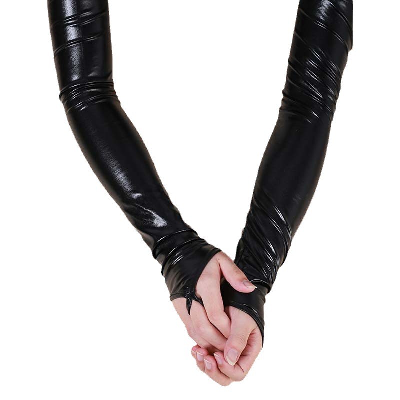 Sexy Dames Lak Lederen Handschoenen Halloween Cosplay Nachtclub Podium Voorstelling Paaldans Arm Mouwen Haak Vinger Lange Want: Black