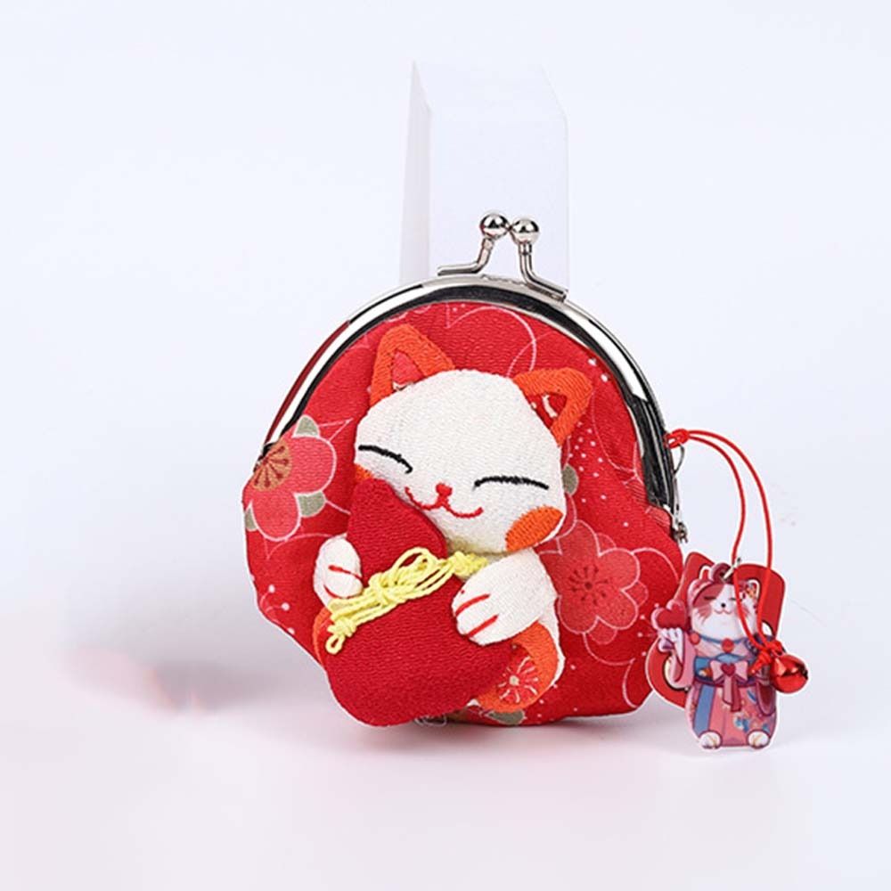 Retro Japanese Style Maneki Neko Coin Purse Doll Flower Printing Lucky Cat Clutch Bag Storage Bag Wallets Card Holder Women: black