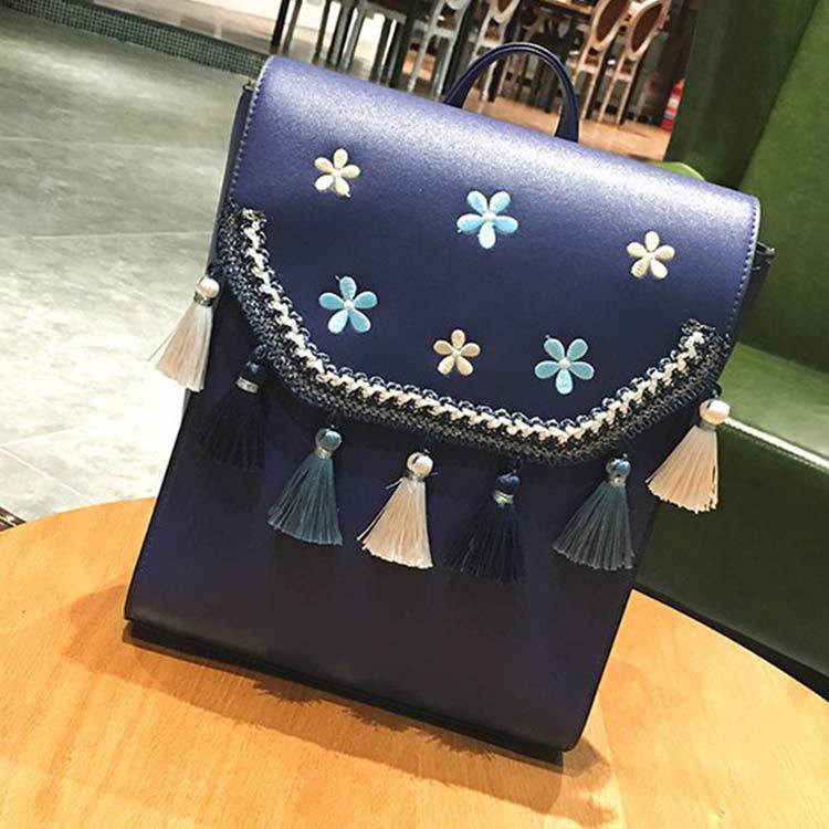Sommer Neue Gestickte Rucksack Weiblichen Koreanischen Stil Multi-Zweck Quaste Pu Kleinen Rucksack Lässig Schul: Blau