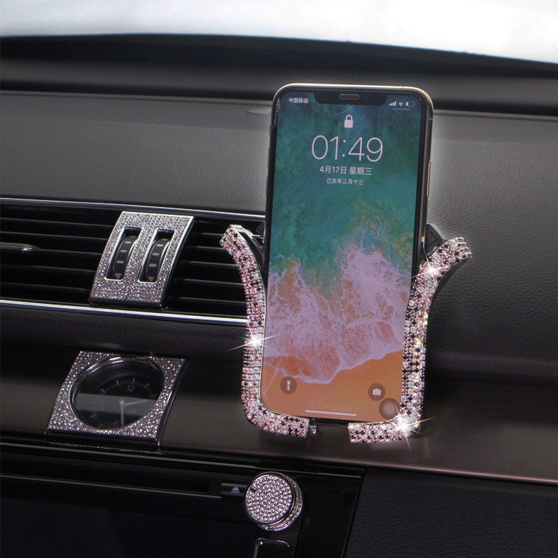 Soporte Universal para teléfono móvil de coche, con cristal de Bing, diamantes de imitación, Clip de montaje para rejilla de ventilación de coche, para iPhone, Samsung, soporte para coche