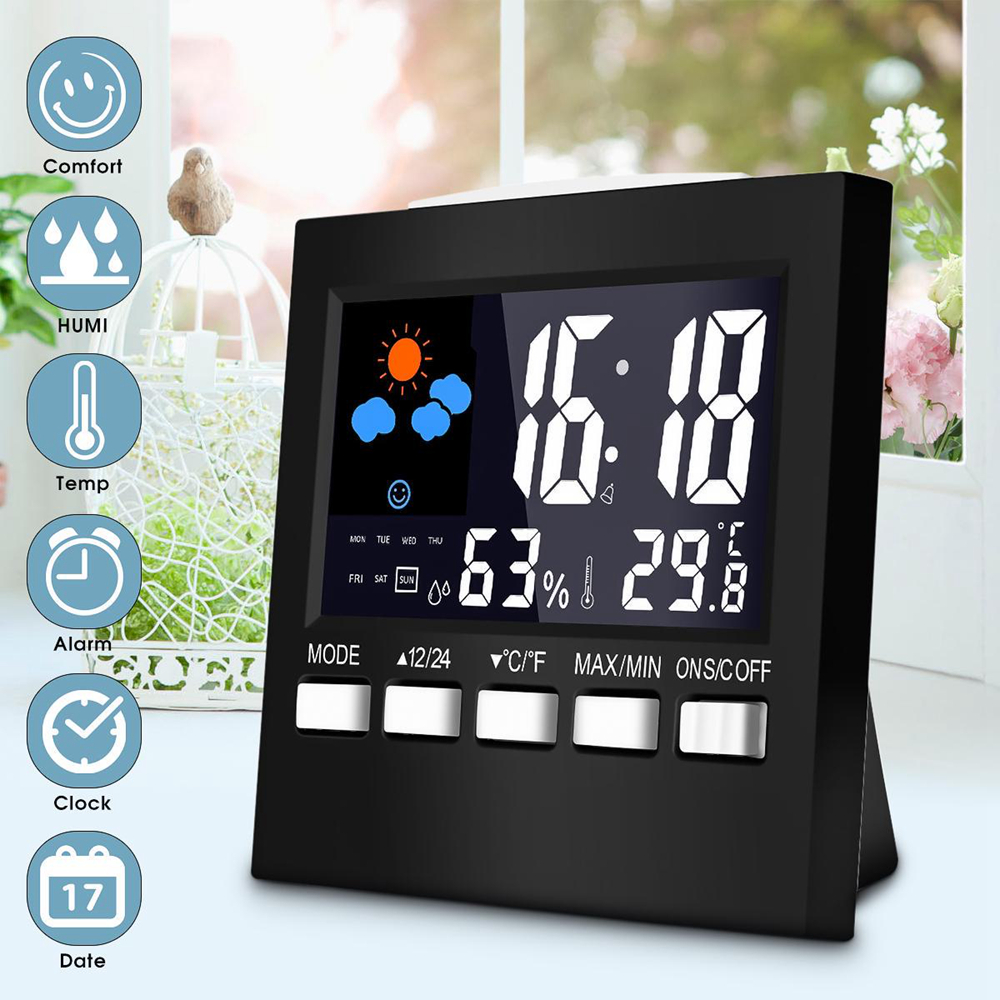 LCD Digital Temperature Humidity Meter Backlight Home Indoor Electronic Hygrometer Weather Station Clock Alarm Clock Timer