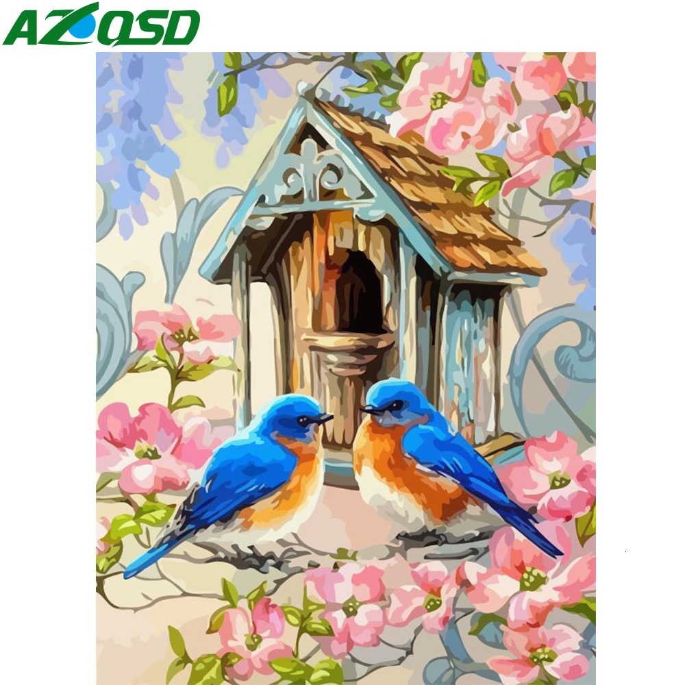 AZQSD Unframe peinture pour travaux manuels par numéros sur toile fleur Dewcor pour la maison peinture à l'huile par numéros ensemble oiseaux peint à la main