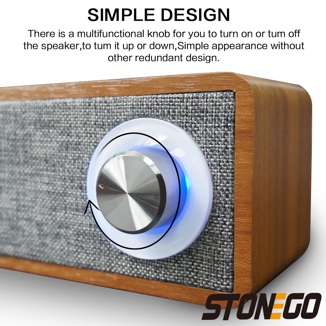 STONEGO Handmade Oak Wood Portable Bluetooth Speaker, Bluetooth 4.2 Wireless Speakers with Multifunctional Knob LED Indicator