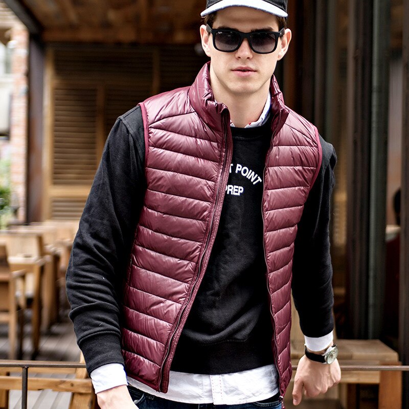 chaleco ultrafino de primavera otoño para hombre, chaleco informal de plumón de pato, chaleco de talla grande 3xl, chaleco térmico de delgado para hombre, chaqueta para hombre: Wine red / XXL