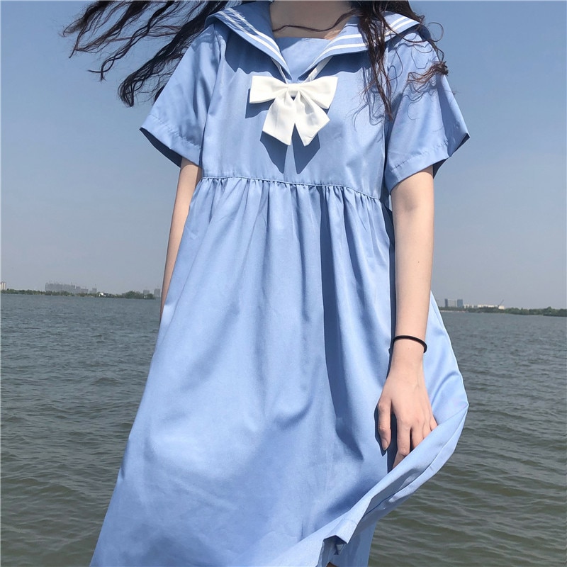 Rok vrouwelijke zomer koreaanse effen dunne lange jurk schooluniform japanse matrozenjurk schooljurk