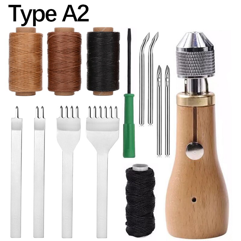 Juego de punzón de costura de cuero con cinceles de cuero, hilo encerado plano, rueda de Overstitch, aguja cónica, Zapatero, herramientas de puntada Manual: Type A2