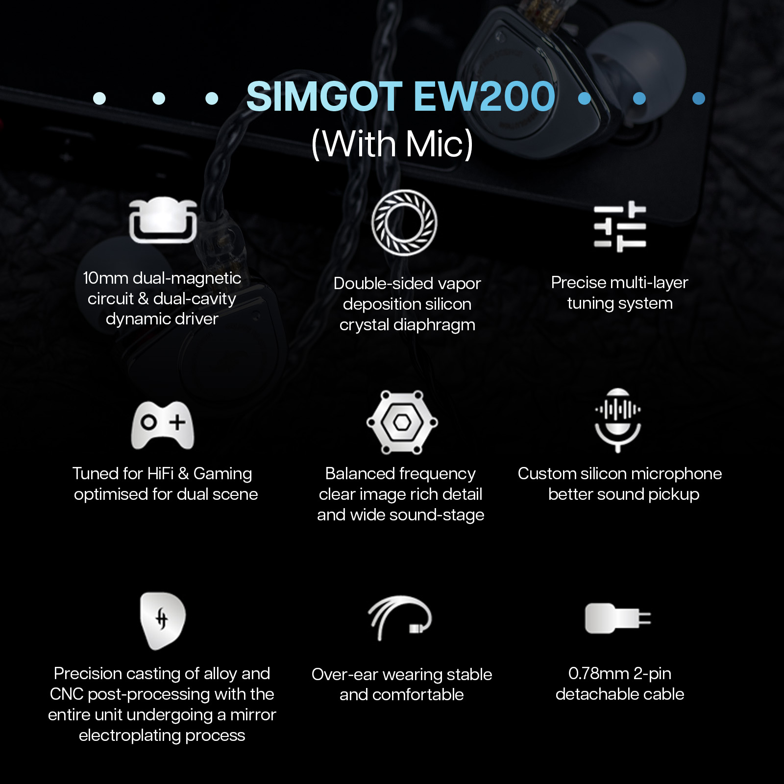 SIMGOT EW200 10mm SCP Diafragma Duplo Circuito Magnético e Driver Dinâmico de Dupla Cavidade IEM Fones de Ouvido Hifi