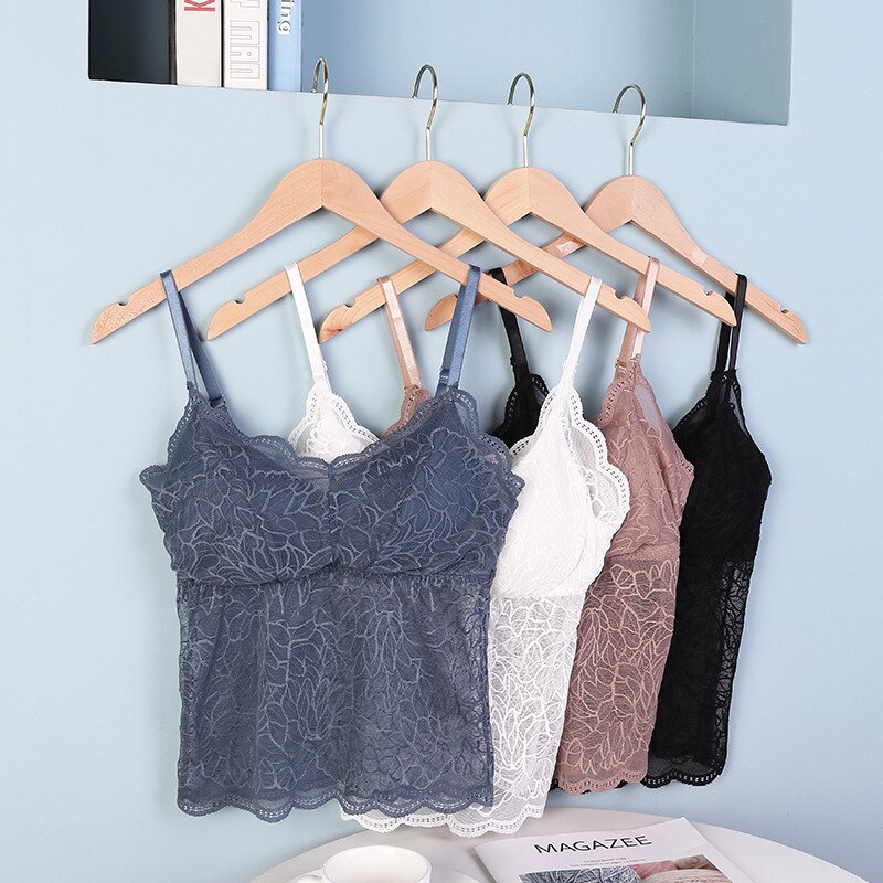 Women Crop Top Lace Bralette Wireless Padded Tank Top Deep V Lace Cami Lingerie Female Embroidery Floral Camisole