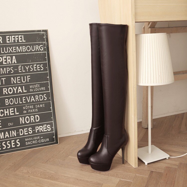 Botas por encima de la rodilla para mujer, zapatos de invierno, tacón fino, puntiagudos, Botas de moto para mujer, Botas sexis negras, blancas y marrones 458: Castaño / 3